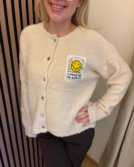 Cardigan Happy Smile Beige Weiß Smiley Applikation