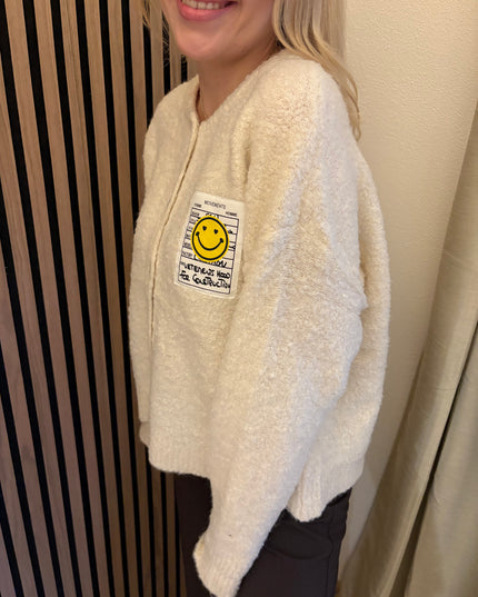 Cardigan Happy Smile Beige Weiß Smiley Applikation