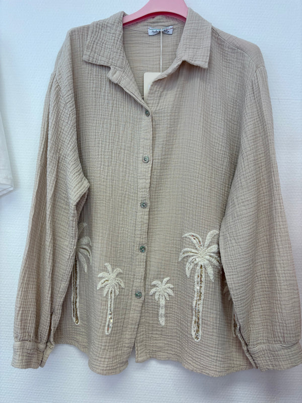 Musselin Bluse Palmen Beige Glitzer Pailletten