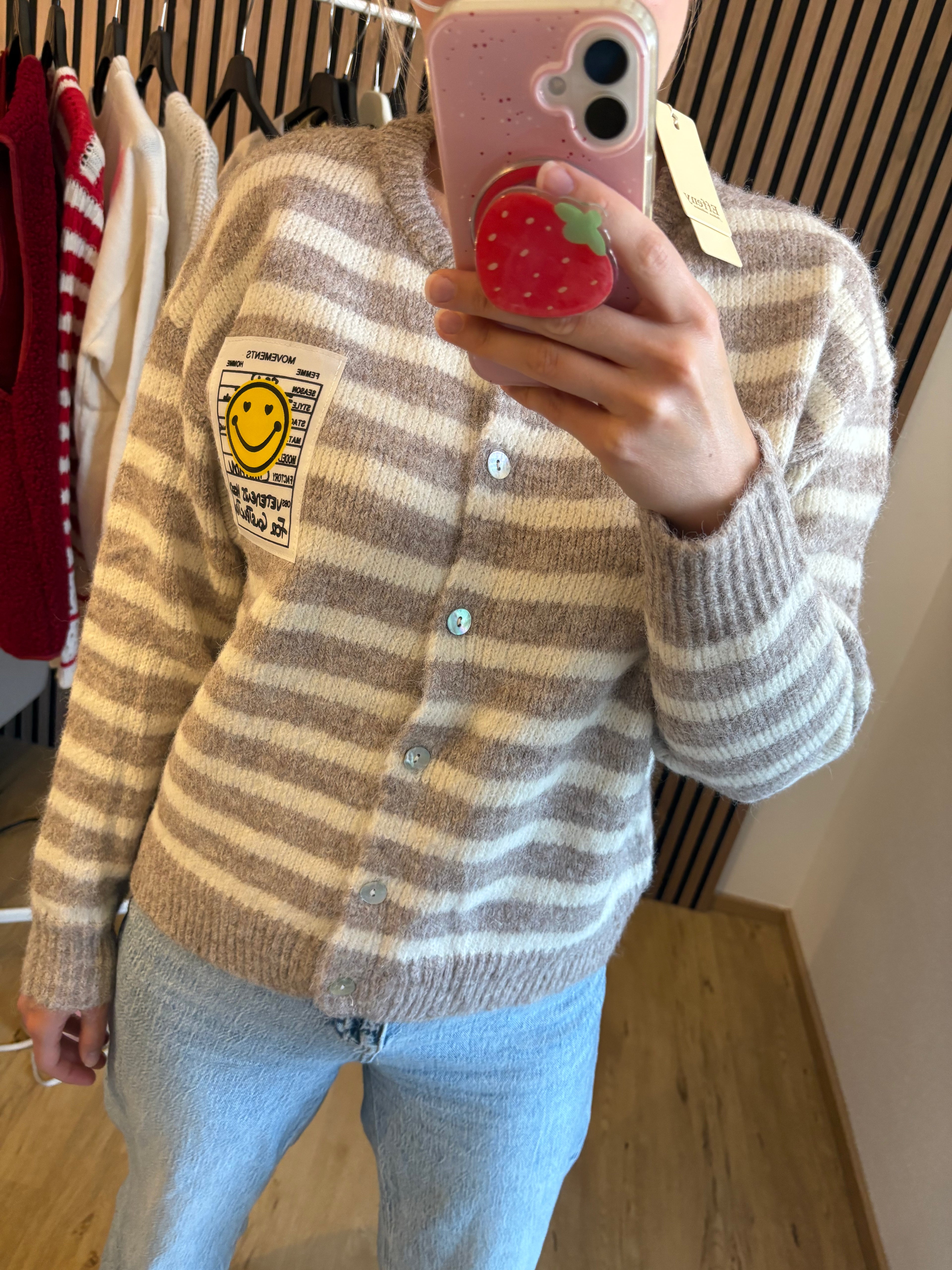 Happy Smiley Cardigan Beige Weiß Gestreift Striped