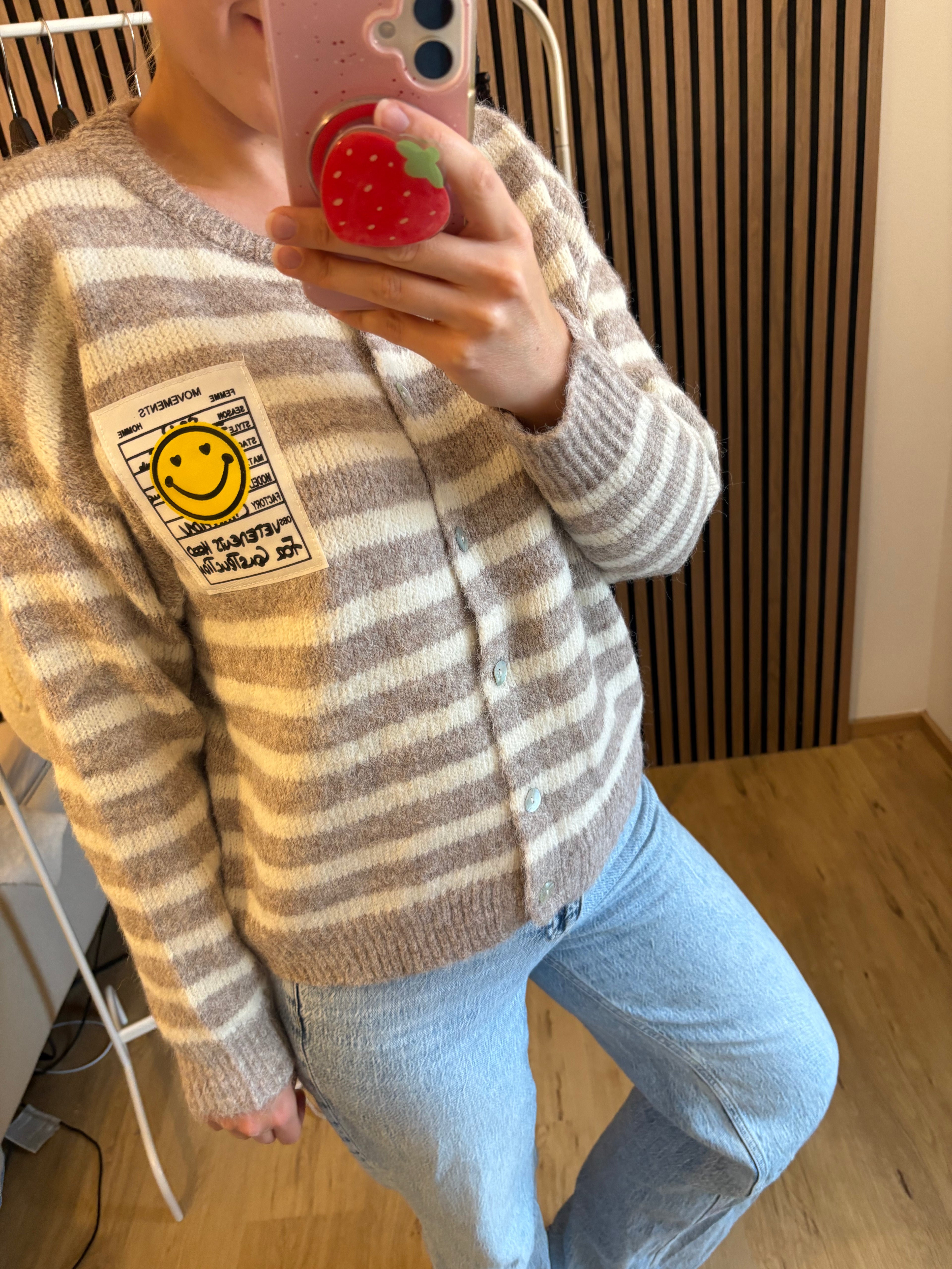 Happy Smiley Cardigan Beige Weiß Gestreift Striped