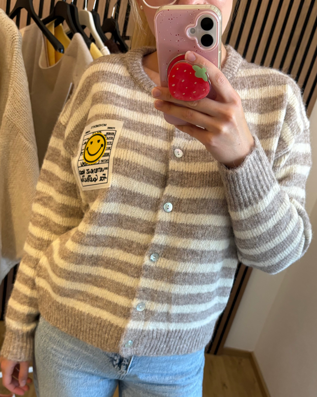 Happy Smile Cardigan Beige Weiß Gestreift Striped