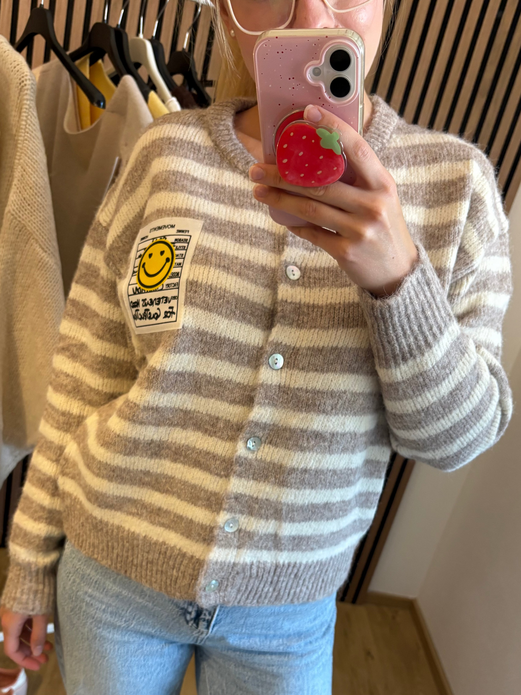 Happy Smiley Cardigan Beige Weiß Gestreift Striped