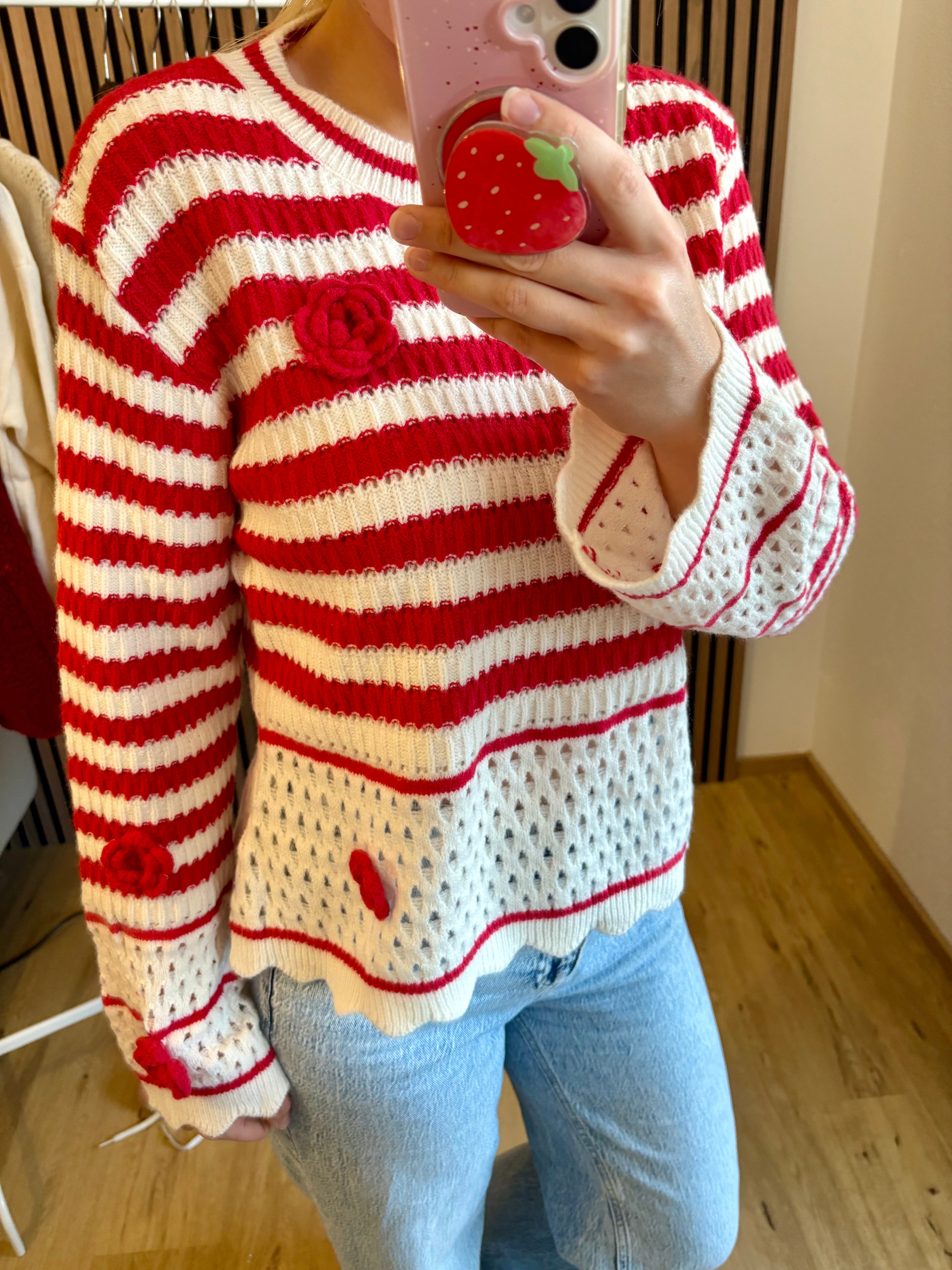 Pullover Rosi Rot Weiß gestreift Blumen Rosen