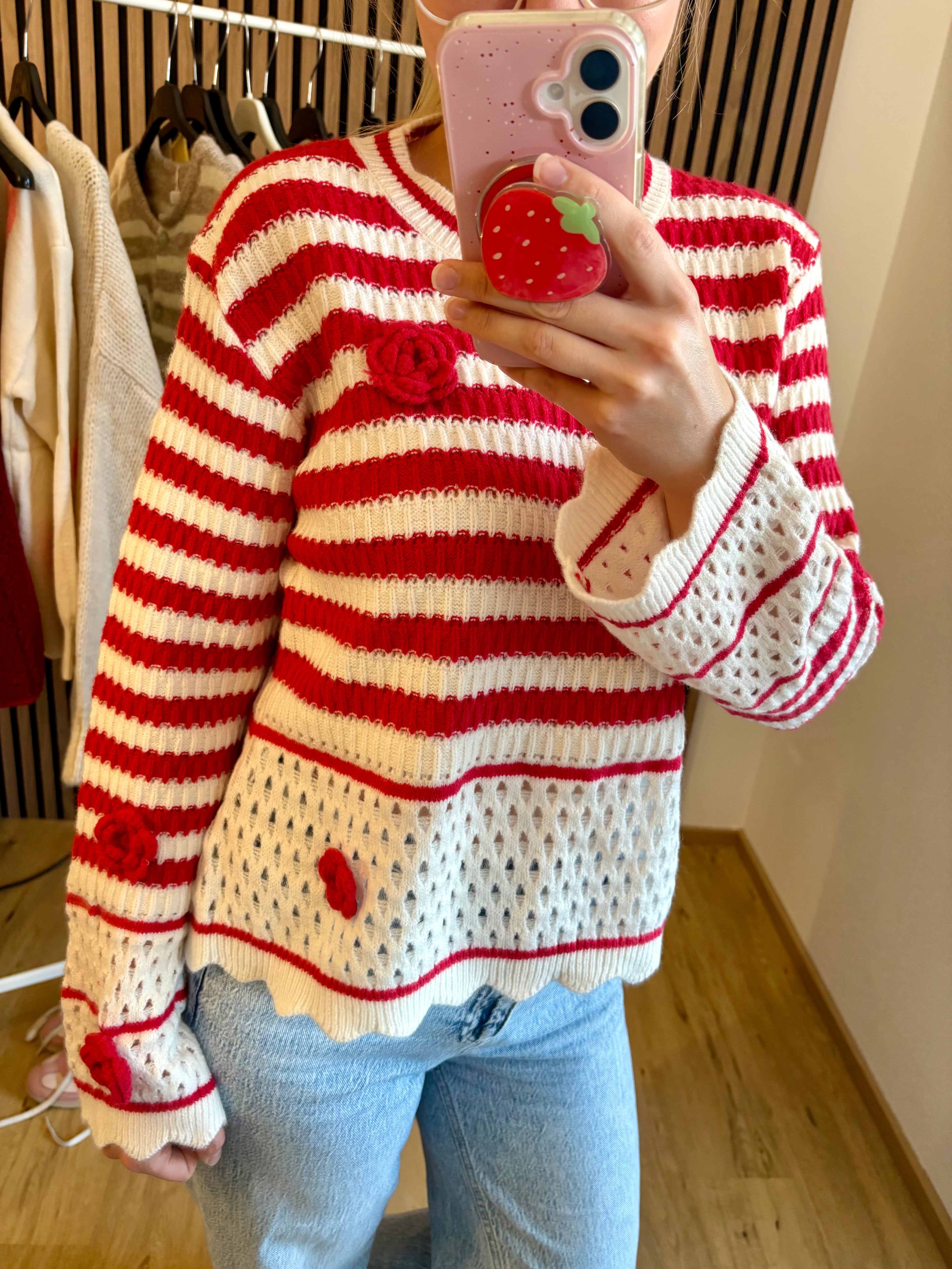 Pullover Rosi Rot Weiß gestreift Blumen Rosen