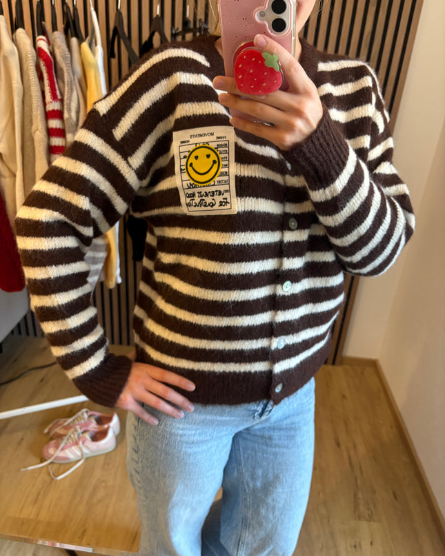 Cardigan Happy Smile Dunkelbrau Weiß gestreift Smiley Applikation