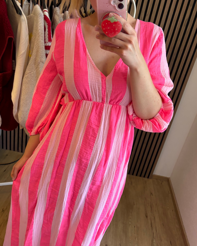 Musselinkleid Neon mit Streifen Rosa Pink Made in Italy