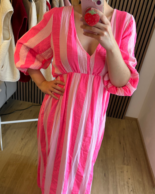 Musselinkleid Neon mit Streifen Rosa Pink Made in Italy