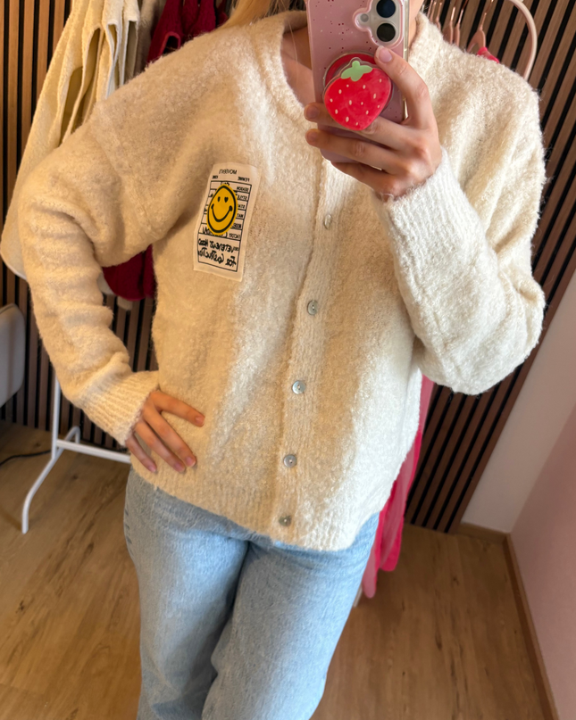 Cardigan Happy Smile Beige Weiß Smiley Applikation
