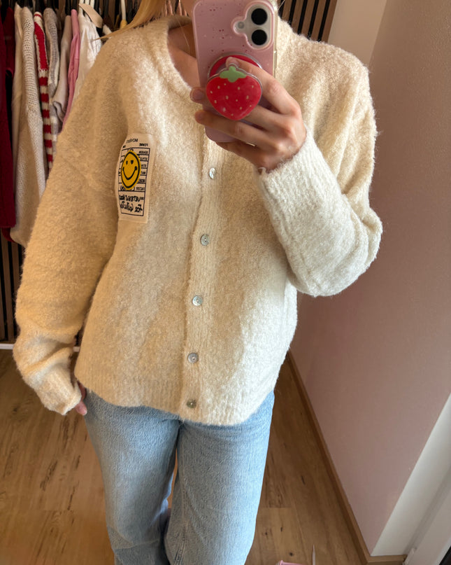 Cardigan Happy Smile Beige Weiß Smiley Applikation