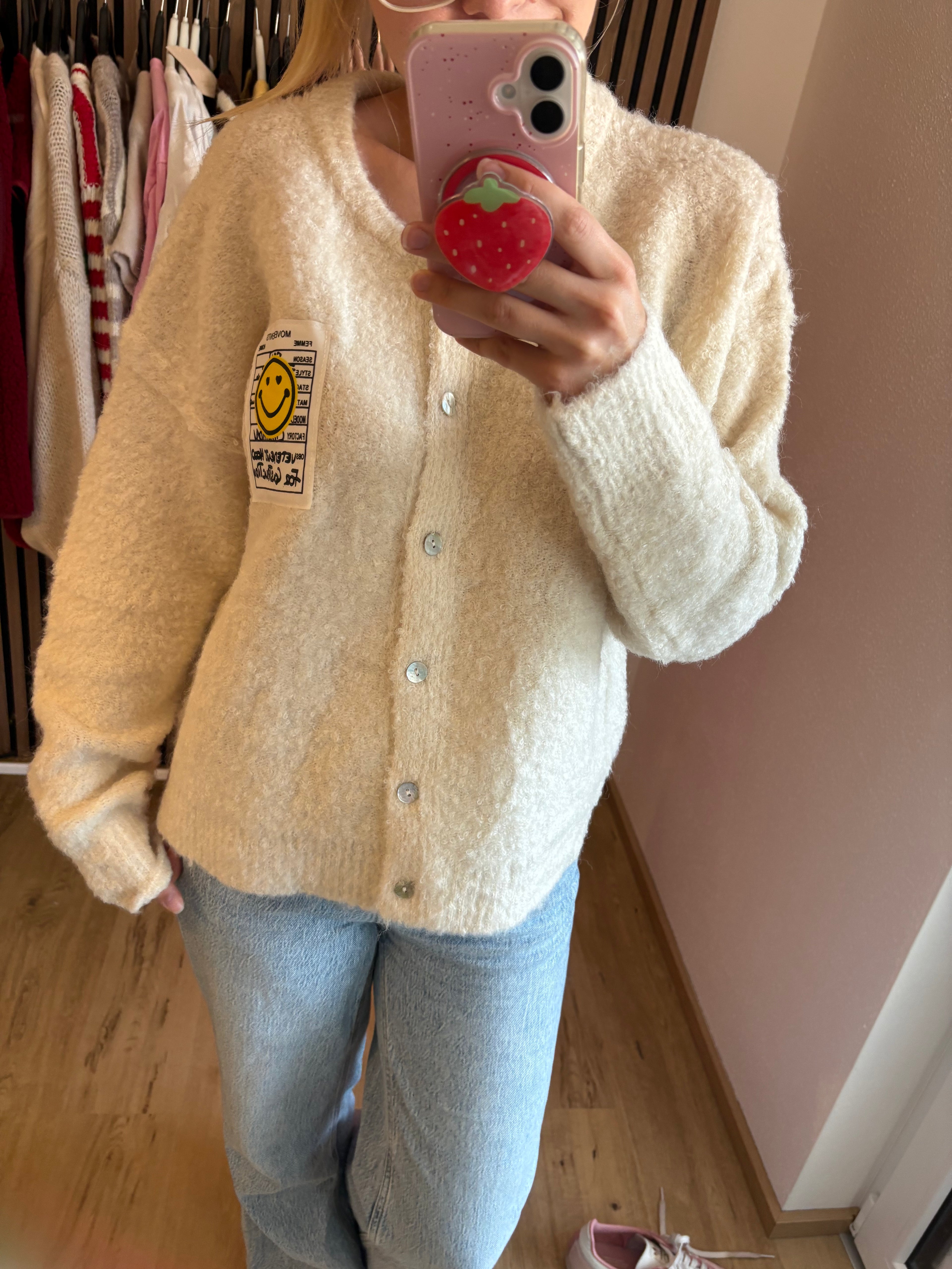 Cardigan Happy Smile Beige Weiß Smiley Applikation