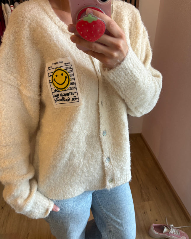 Cardigan Happy Smile Beige Weiß Smiley Applikation