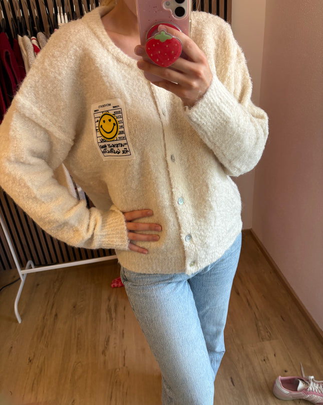 Cardigan Happy Smile Beige Weiß Smiley Applikation