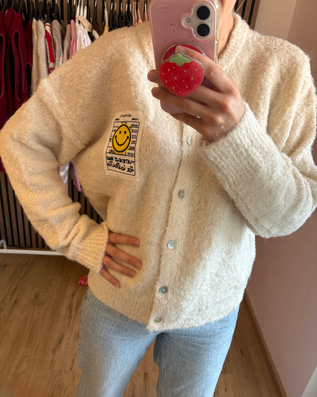 Cardigan Happy Smile Beige Weiß Smiley Applikation
