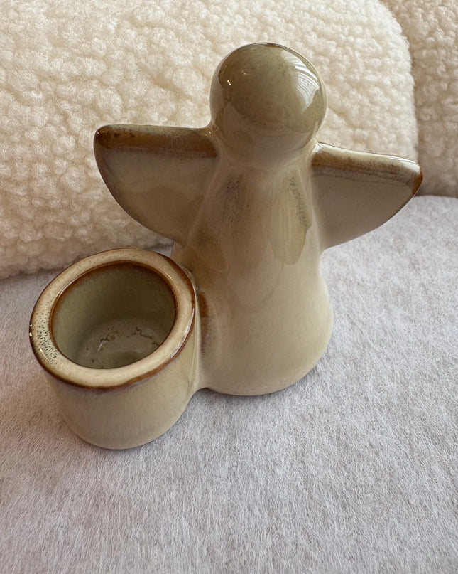 Kerzenhalter Engel Keramik glasiert Beige Stabkerze