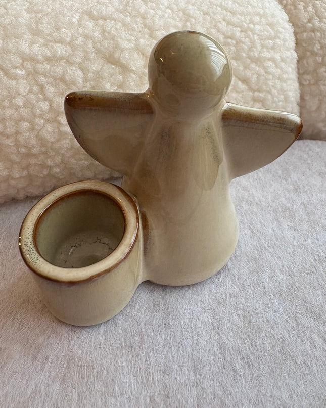Kerzenhalter Engel Keramik glasiert Beige Stabkerze