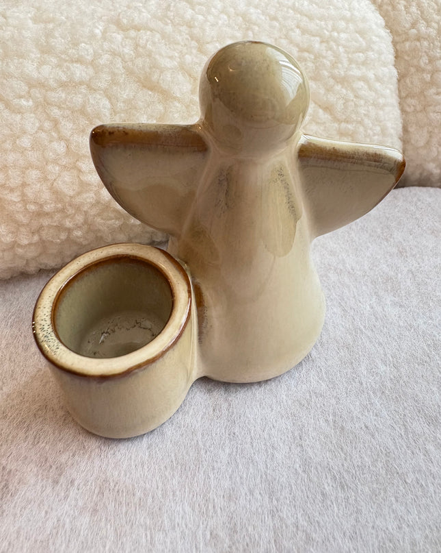 Kerzenhalter Engel Keramik glasiert Beige Stabkerze