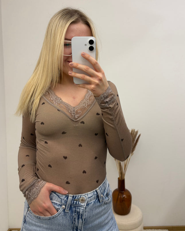 Cashmere Langarmshirt mit Spitze Little Hearts Herzen Taupe