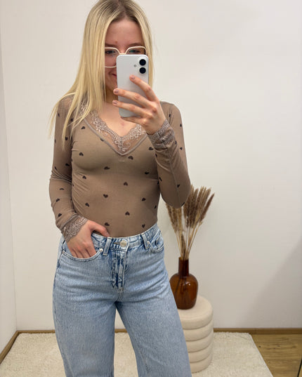 Cashmere Langarmshirt mit Spitze Little Hearts Herzen Taupe