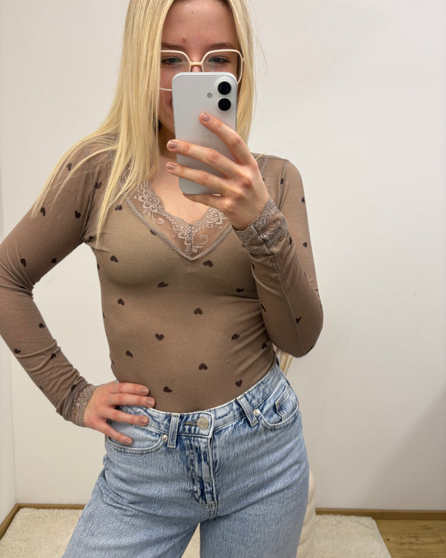 Cashmere Langarmshirt mit Spitze Little Hearts Herzen Taupe