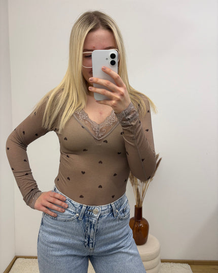 Cashmere Langarmshirt mit Spitze Little Hearts Herzen Taupe