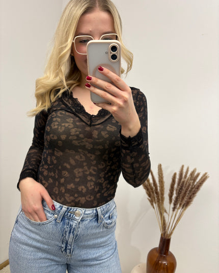 Cashmere Langarmshirt mit Spitze Leo Schwarz