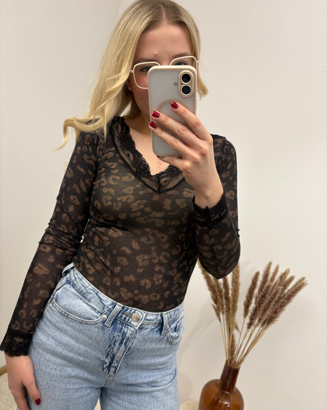 Cashmere Langarmshirt mit Spitze Leo Schwarz