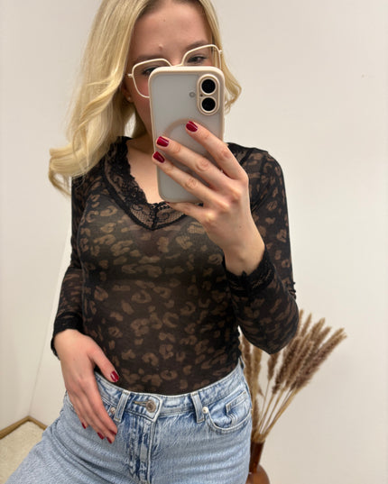 Cashmere Langarmshirt mit Spitze Leo Schwarz