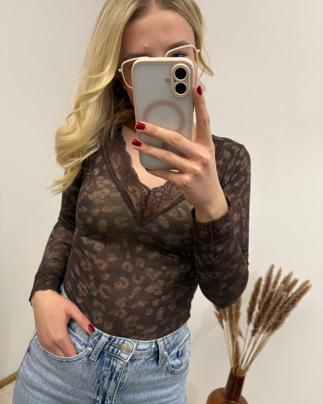 Cashmere Langarmshirt mit Spitze Leo Braun Dunkelbraun