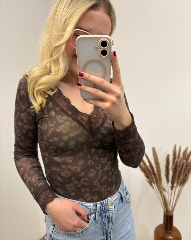 Cashmere Langarmshirt mit Spitze Leo Braun Dunkelbraun