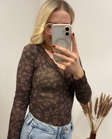 Cashmere Langarmshirt mit Spitze Leo Braun Dunkelbraun