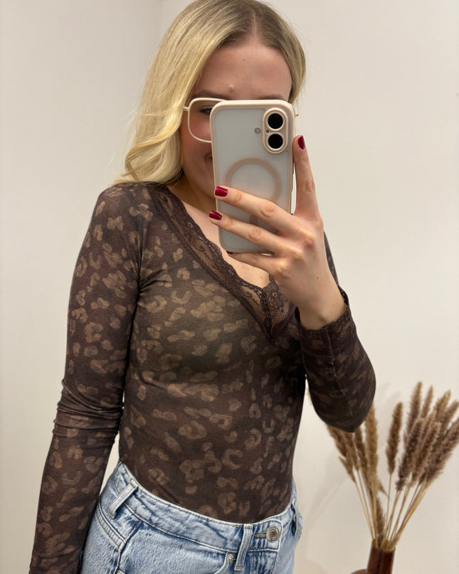 Cashmere Langarmshirt mit Spitze Leo Braun Dunkelbraun