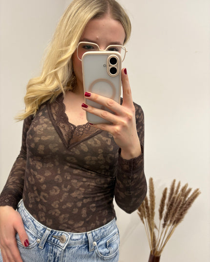 Cashmere Langarmshirt mit Spitze Leo Braun Dunkelbraun