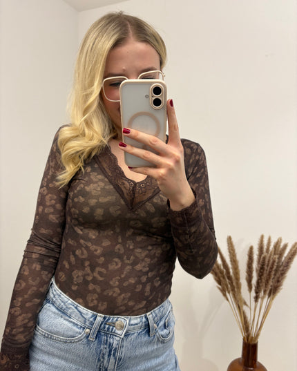 Cashmere Langarmshirt mit Spitze Leo Braun Dunkelbraun