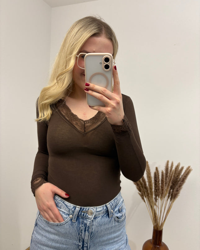 Cashmere Langarmshirt mit Spitze einfarbig Schoko Braun Chocolate Basic