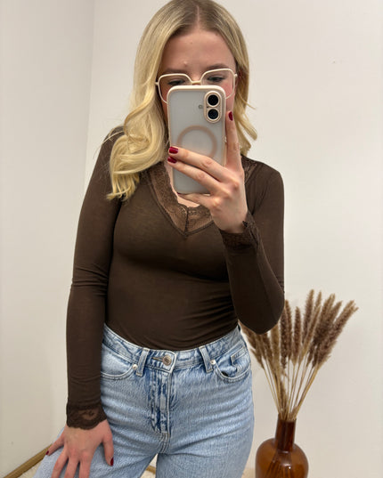 Cashmere Langarmshirt mit Spitze einfarbig Schoko Braun Chocolate Basic