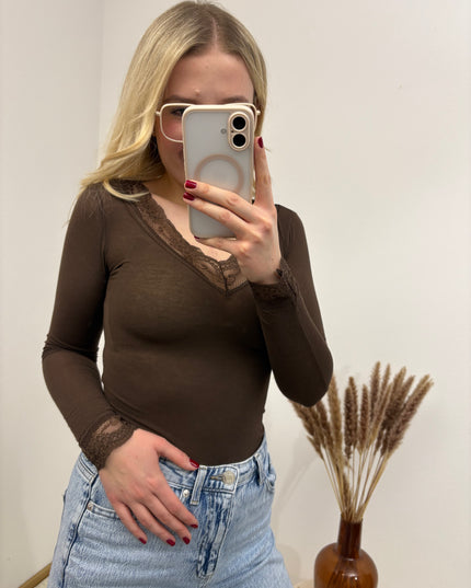 Cashmere Langarmshirt mit Spitze einfarbig Schoko Braun Chocolate Basic