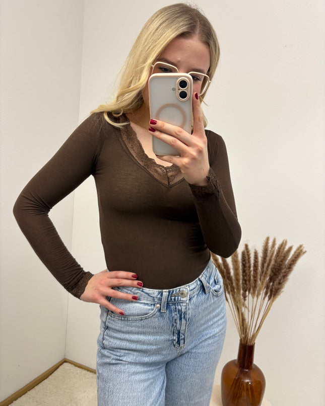 Cashmere Langarmshirt mit Spitze einfarbig Schoko Braun Chocolate Basic