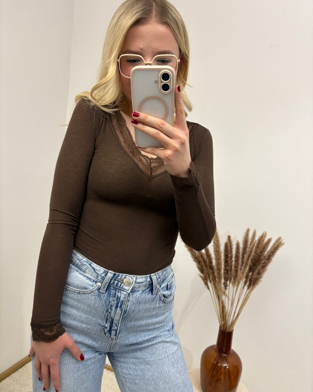 Cashmere Langarmshirt mit Spitze einfarbig Schoko Braun Chocolate Basic