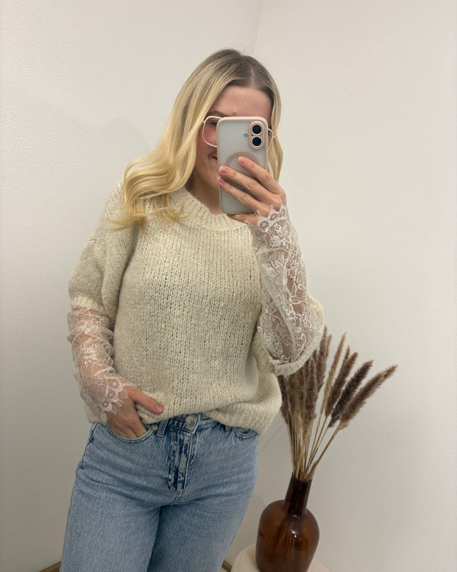 Pullover mit Spitzenärmeln Beige