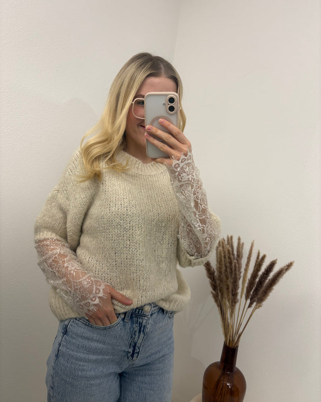 Pullover mit Spitzenärmeln Beige