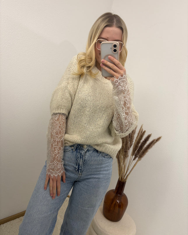 Pullover mit Spitzenärmeln Beige