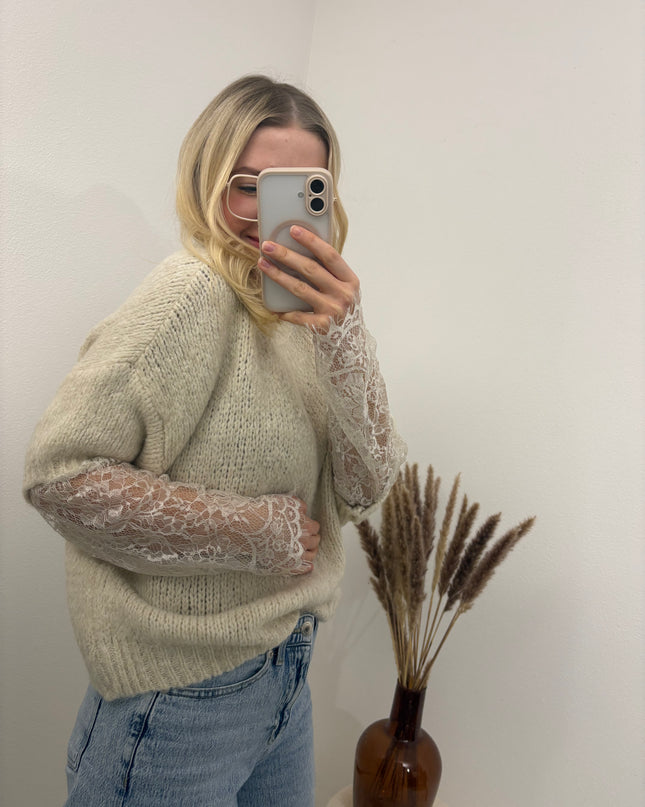 Pullover mit Spitzenärmeln Beige