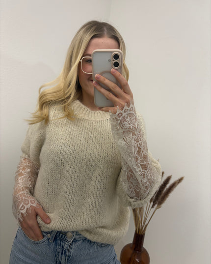 Pullover mit Spitzenärmeln Beige