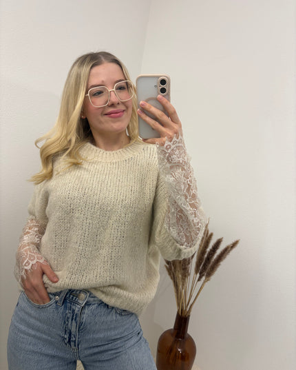 Pullover mit Spitzenärmeln Beige