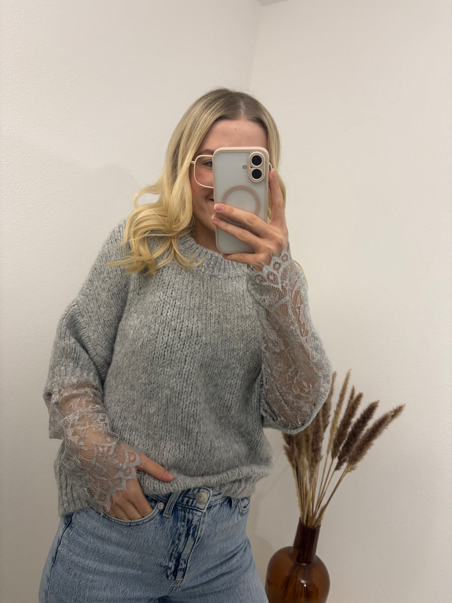 Pullover mit Spitzenärmeln Hellgrau Grau