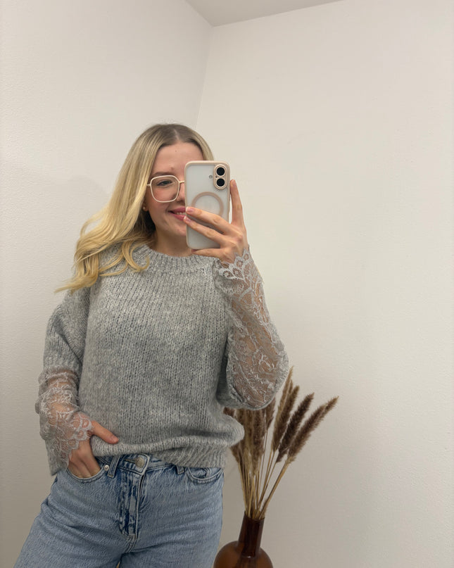 Pullover mit Spitzenärmeln Hellgrau Grau
