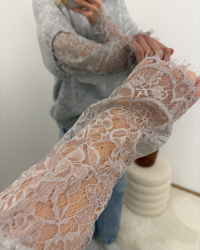 Pullover mit Spitzenärmeln Hellgrau Grau