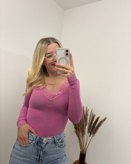 Cashmere Langarmshirt mit Spitze einfarbig Pink Magenta