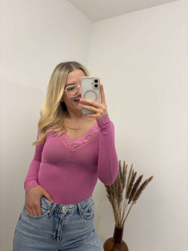 Cashmere Langarmshirt mit Spitze einfarbig Pink Magenta